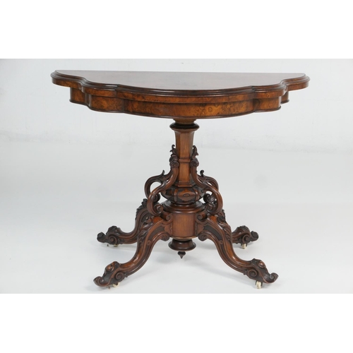 900 - Victorian burr walnut folding pedestal card table, circa 1850, shaped top with well figured veneers ... 