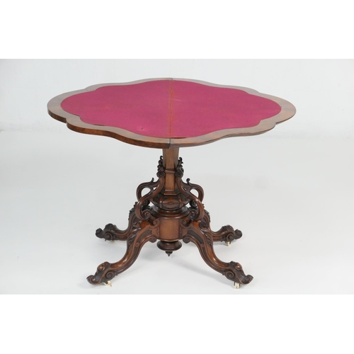 900 - Victorian burr walnut folding pedestal card table, circa 1850, shaped top with well figured veneers ... 