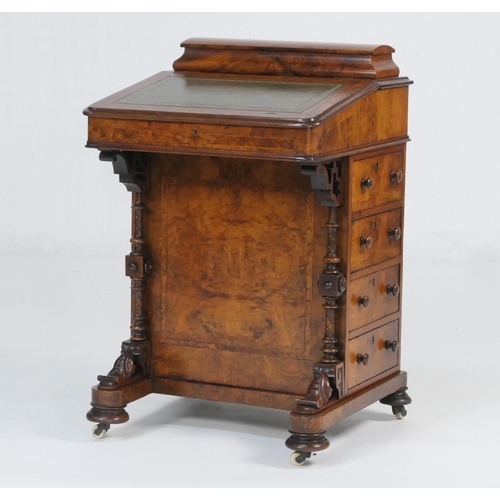 905 - Victorian burr walnut davenport, the top with gilt tooled green leather writing surface and lift up ... 