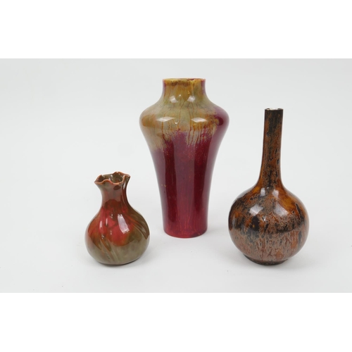 91 - Bernard Moore bottle vase, decorated with a goldstone type glaze in amber and other flambe colours, ... 