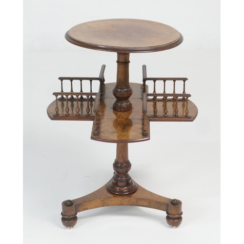 916 - Victorian burr walnut reading table, circa 1860, circular top over a turned column and a galleried c... 