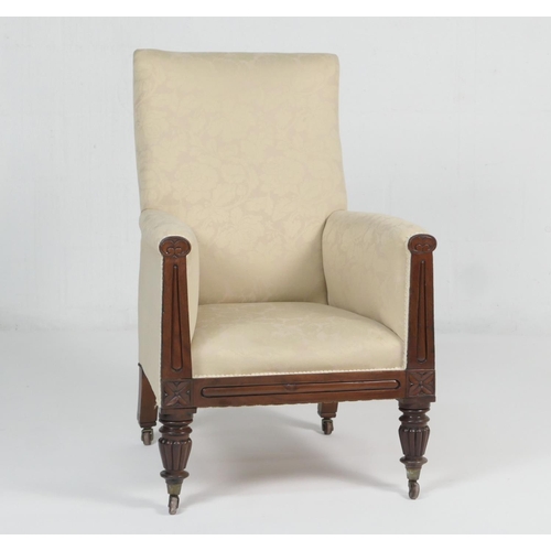 917 - Early Victorian mahogany and cream damask fabric upholstered armchair, circa 1840, with turned and r... 