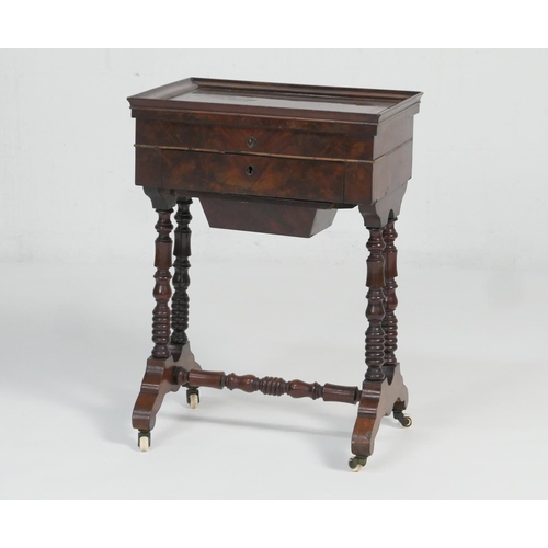 918 - French walnut sewing table, mid 19th Century, the lift up top with moulded edge opening to a satinwo... 