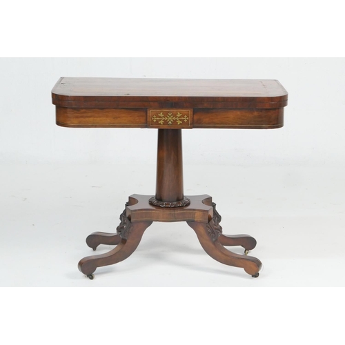 925 - Regency rosewood and brass inlaid pedestal card table, circa 1810-20, swivel folding top with brass ... 