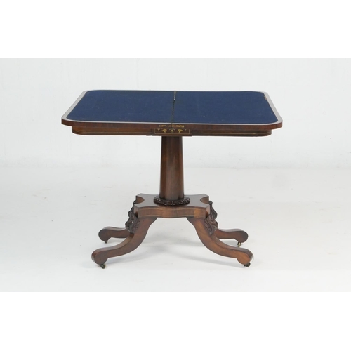 925 - Regency rosewood and brass inlaid pedestal card table, circa 1810-20, swivel folding top with brass ... 