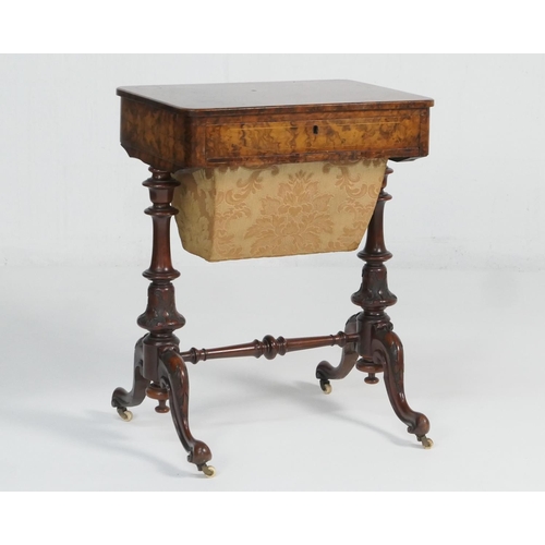 926 - Victorian burr walnut sewing table, circa 1860, finely figured veneers with a pull out drawer with c... 