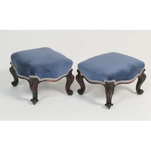 938 - Pair of early Victorian rosewood footstools, circa 1845, with blue fabric upholstered pad seats, rai... 