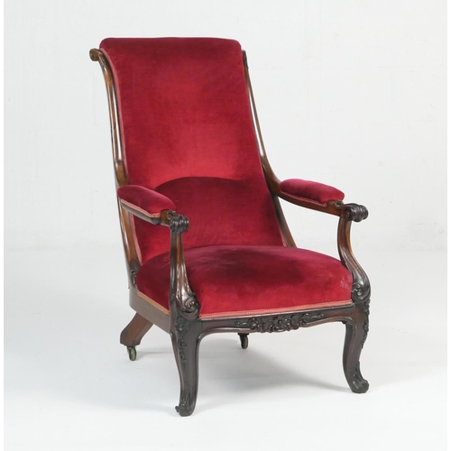 939 - Victorian rosewood and upholstered armchair, circa 1845, red fabric upholstered back with carved ear... 