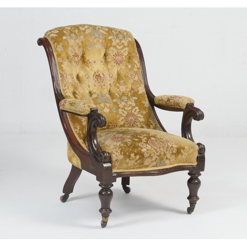 940 - Victorian mahogany and upholstered armchair, circa 1870, floral figured gold deep buttoned fabric ba... 