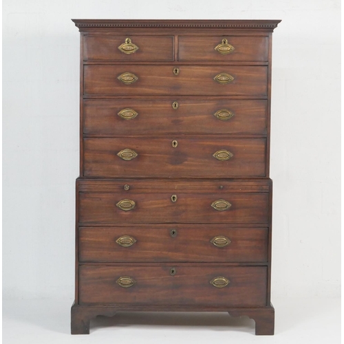 943 - George III mahogany chest on chest, circa 1780, dentil cornice over two short and three long drawers... 