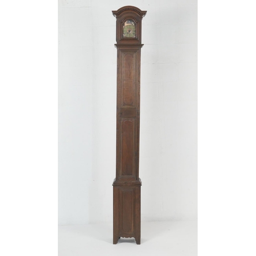 945 - Unusual oak 30 hour longcase clock, possibly Dutch, the hood with dentil arch enclosing a 6 inch cop... 