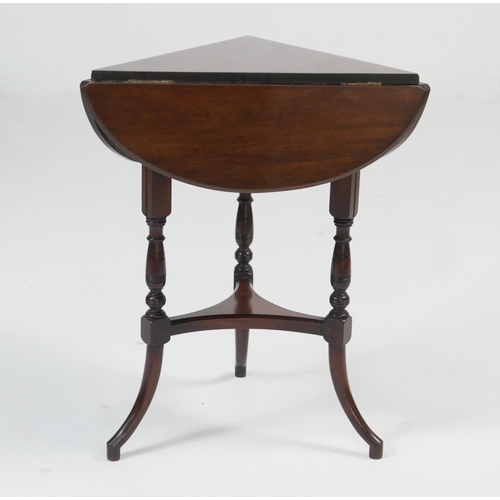 948 - Victorian small mahogany drop leaf occasional table, triangular form with turned and ringed supports... 