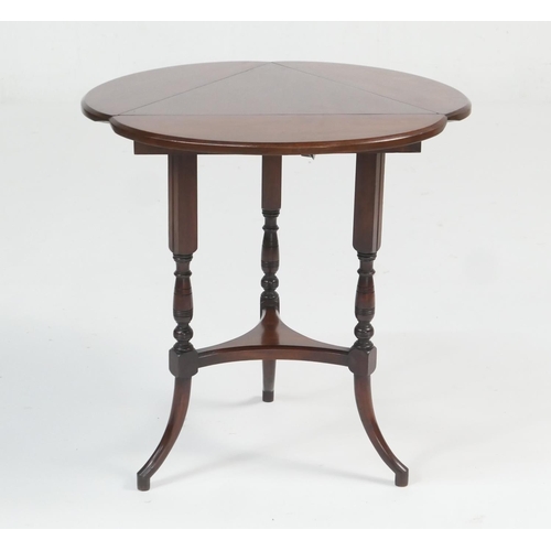 948 - Victorian small mahogany drop leaf occasional table, triangular form with turned and ringed supports... 