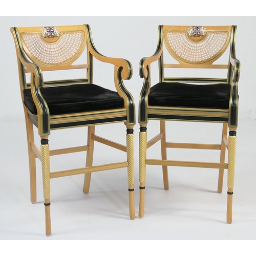 949 - Pair of Clive Christian 'Empire' bar stools, in Regency style, fan shaped panel caned backs with ebo... 