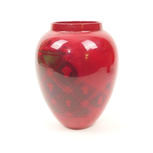 98 - Bernard Moore red flambe vase, ovoid form decorated with a trellis centred with fleur de lys motifs,... 