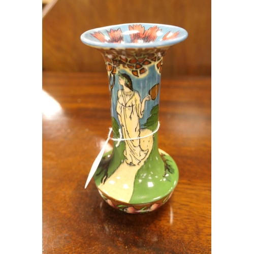 66 - Wileman Foley Intarsio small vase, no. 3554, decorated with a figure walking within a garden in colo... 