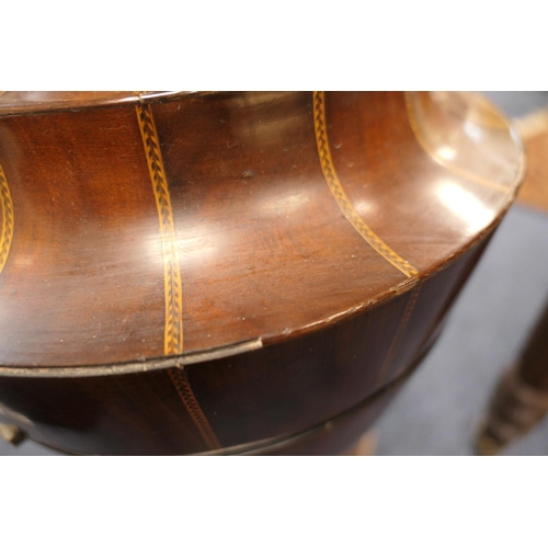 697 - George III mahogany and inlaid urn shaped knife box converted to a decanter box, containing three gr... 