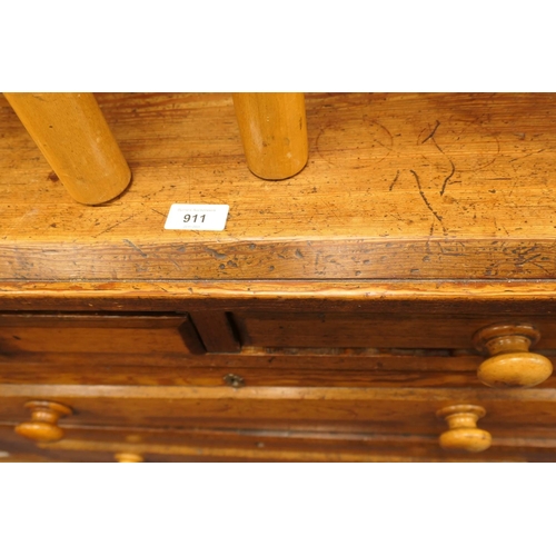 911 - Victorian pitch pine dresser, late 19th Century, fitted with two central short drawers and two long ... 