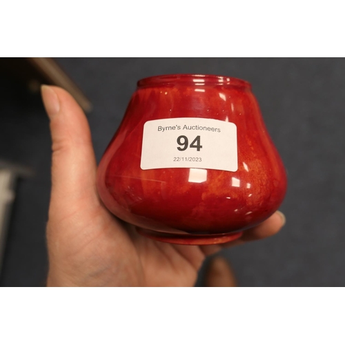 94 - Bernard Moore red flambe bottle vase, marked 'Bernard Moore', height 15cm; also a Bernard Moore red ... 