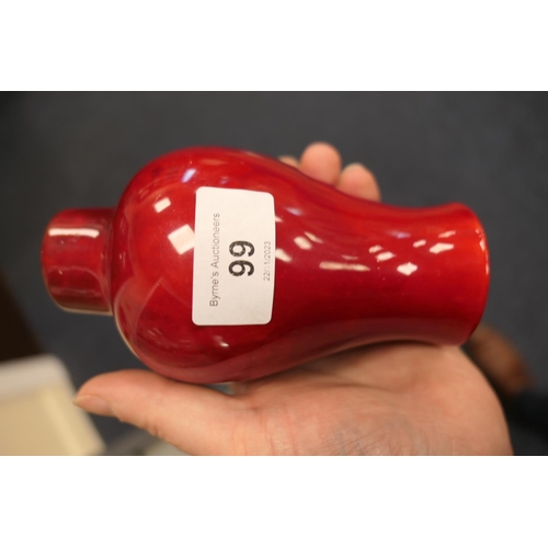 99 - Three Bernard Moore red flambe small vases, comprising a small pear shaped vase, impressed shape no.... 