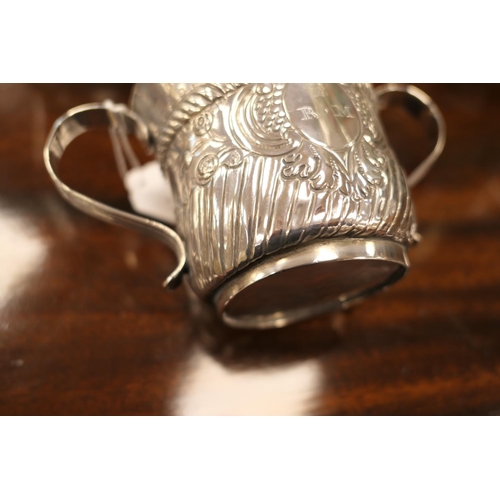 220 - George II silver porringer, maker John Berthelot, London 1750, traditional reeded twin handles on a ... 