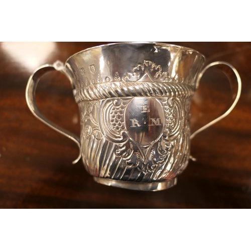 220 - George II silver porringer, maker John Berthelot, London 1750, traditional reeded twin handles on a ... 