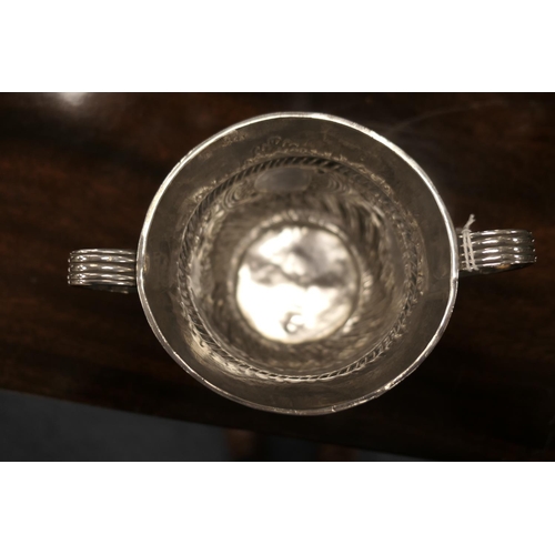 220 - George II silver porringer, maker John Berthelot, London 1750, traditional reeded twin handles on a ... 