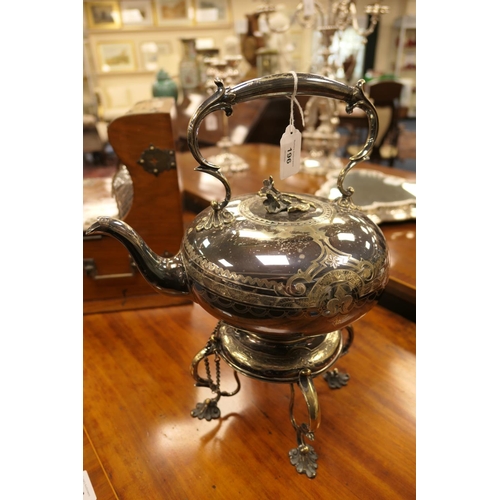 196 - Victorian electroplated spirit kettle on stand, circa 1875, of bun shape surmounted with a flower fi... 