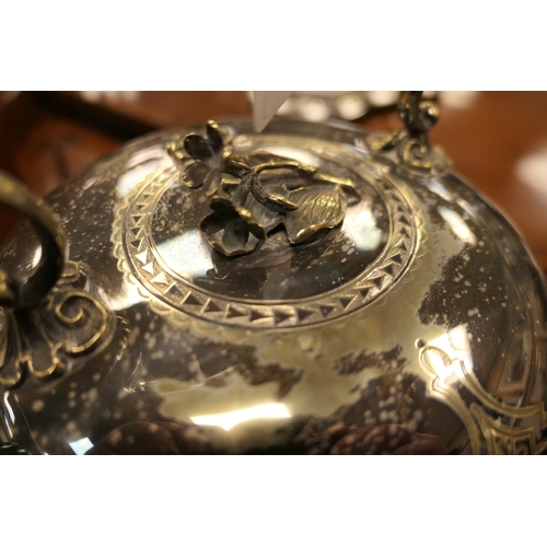 196 - Victorian electroplated spirit kettle on stand, circa 1875, of bun shape surmounted with a flower fi... 