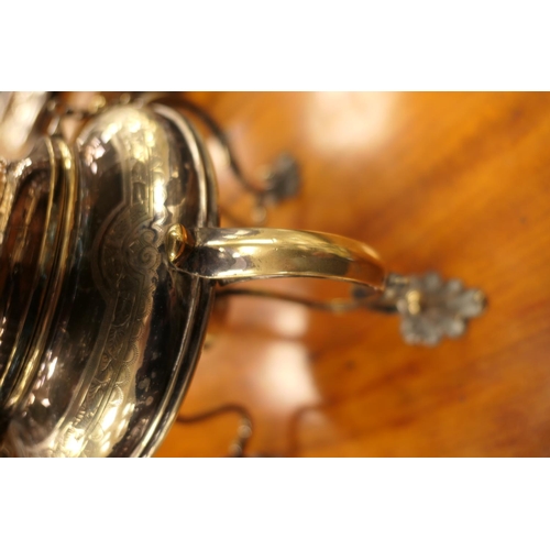 196 - Victorian electroplated spirit kettle on stand, circa 1875, of bun shape surmounted with a flower fi... 