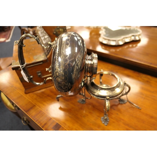 196 - Victorian electroplated spirit kettle on stand, circa 1875, of bun shape surmounted with a flower fi... 