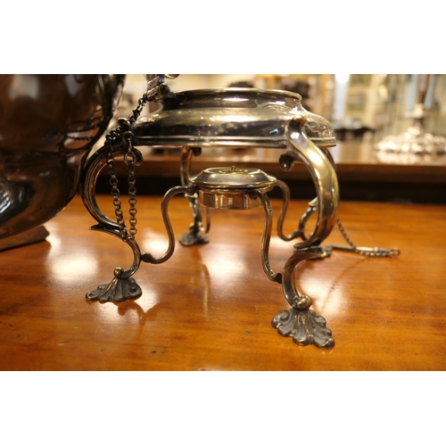 196 - Victorian electroplated spirit kettle on stand, circa 1875, of bun shape surmounted with a flower fi... 