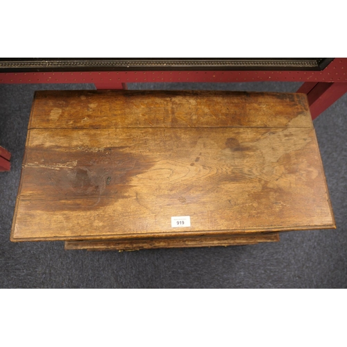 919 - Oak joined cofferbach, 19th Century, with lift up lid over a three recessed panel front, single long... 