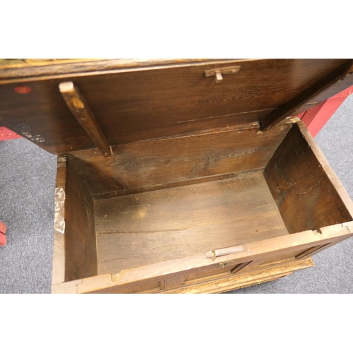 919 - Oak joined cofferbach, 19th Century, with lift up lid over a three recessed panel front, single long... 