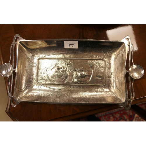 177 - Art Nouveau silver plated pewter tray, rectangular form, worked in low relief with a girl holding a ... 