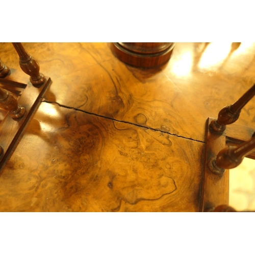 916 - Victorian burr walnut reading table, circa 1860, circular top over a turned column and a galleried c... 