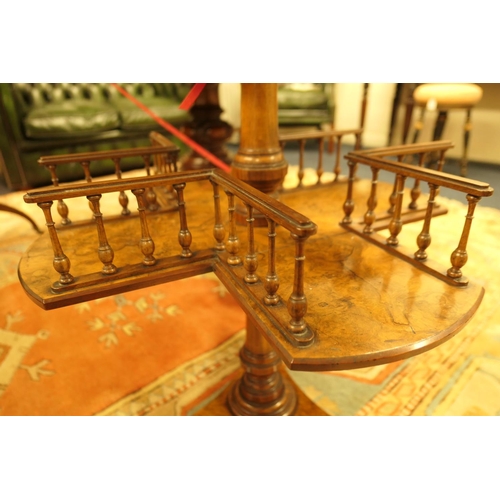 916 - Victorian burr walnut reading table, circa 1860, circular top over a turned column and a galleried c... 