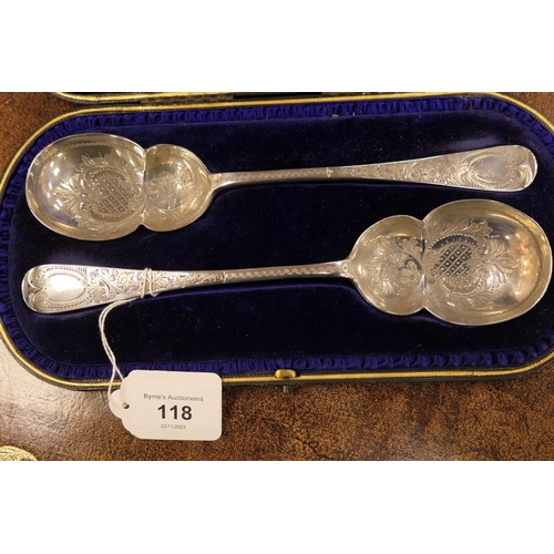 118 - Pair of late Victorian engraved silver fruit spoons, maker GJ/DF, London 1899, engraved throughout w... 