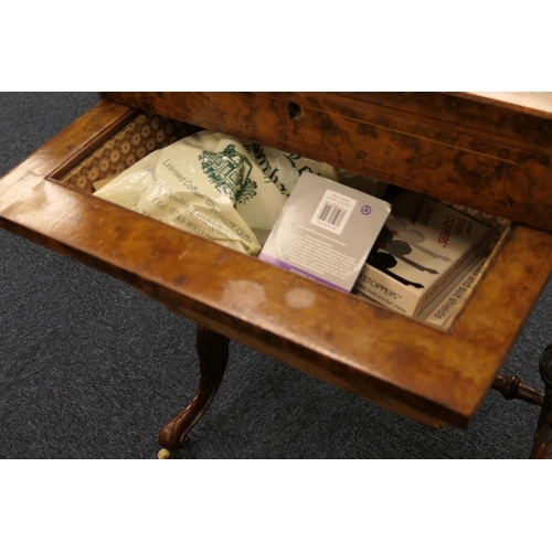 926 - Victorian burr walnut sewing table, circa 1860, finely figured veneers with a pull out drawer with c... 