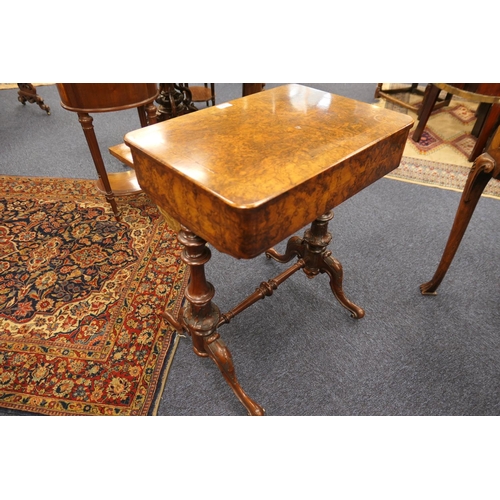 926 - Victorian burr walnut sewing table, circa 1860, finely figured veneers with a pull out drawer with c... 