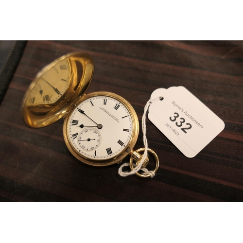 332 - George V 9ct gold hunter pocket watch, Birmingham 1937, monogrammed case, white enamel dial with Rom... 