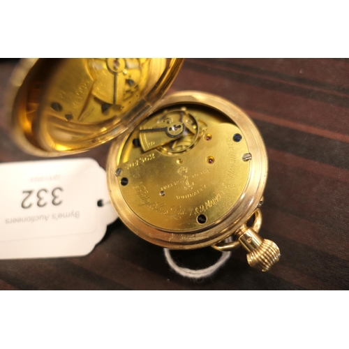 332 - George V 9ct gold hunter pocket watch, Birmingham 1937, monogrammed case, white enamel dial with Rom... 