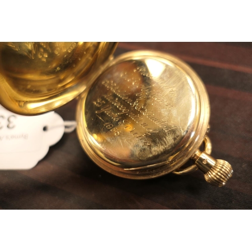 332 - George V 9ct gold hunter pocket watch, Birmingham 1937, monogrammed case, white enamel dial with Rom... 