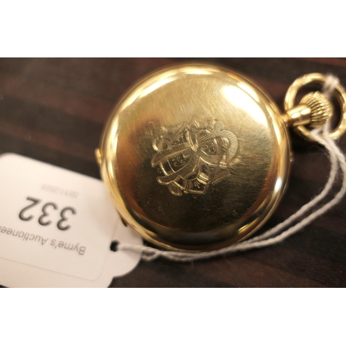 332 - George V 9ct gold hunter pocket watch, Birmingham 1937, monogrammed case, white enamel dial with Rom... 