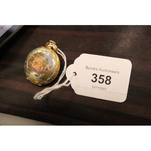 358 - Late Victorian or Edwardian 18ct gold and enamelled lady's fob watch, finely chased and enamelled ca... 