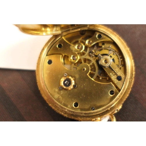 358 - Late Victorian or Edwardian 18ct gold and enamelled lady's fob watch, finely chased and enamelled ca... 