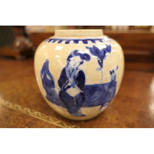 41 - Chinese crackle glazed ginger jar, with underglaze blue decoration of a solitary figure, Kangxi four... 