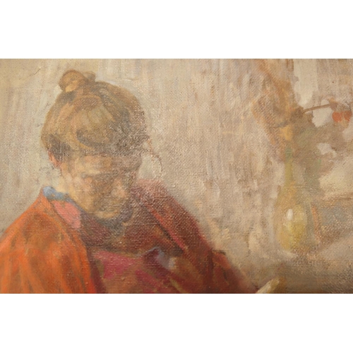 527 - Follower of Ruskin Spear (1911-90), Woman reading, oil on canvas, 34cm x 41cm