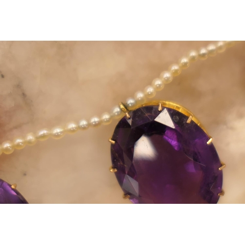 299 - Amethyst and seed pearl choker necklace, having five oval amethysts, the largest 17mm x 13mm, all mo... 