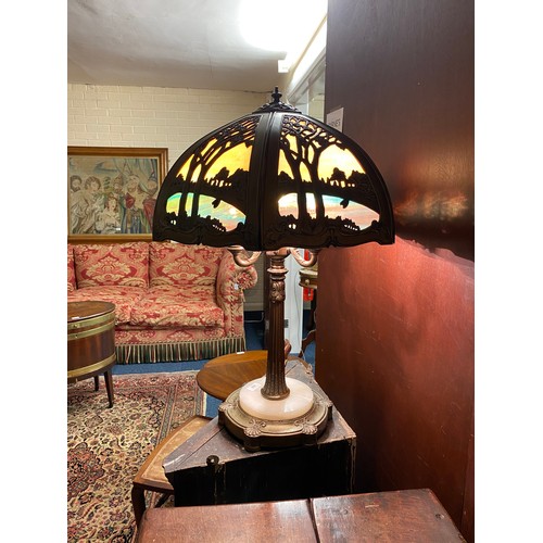 686 - Decorative stained glass and metal table lamp, in Edwardian Art Nouveau style, the shade worked with... 